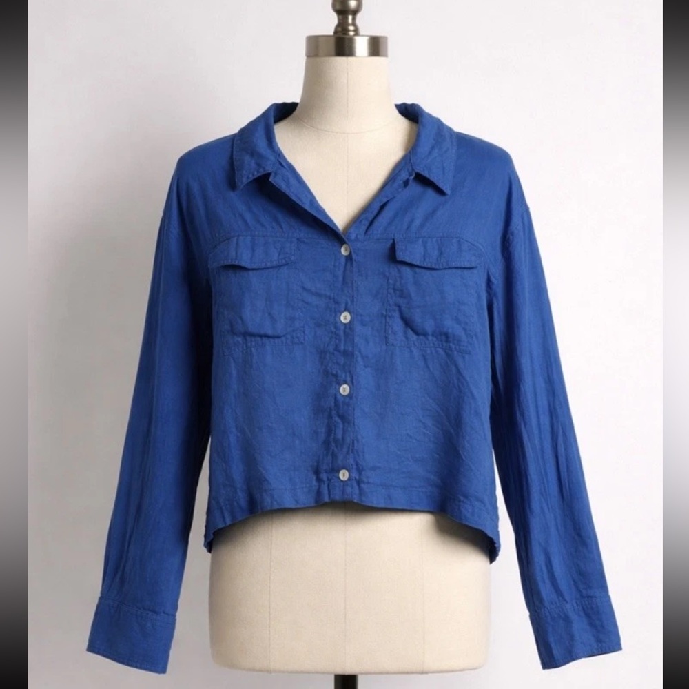 Rachel Zoe Cobalt Blue Button-Up Cropped Boxy 100% Linen Beach Blouse Top